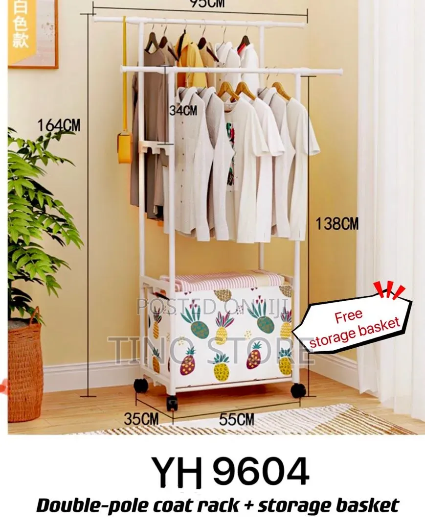 Double-pole Coat Rack With Storage Basket