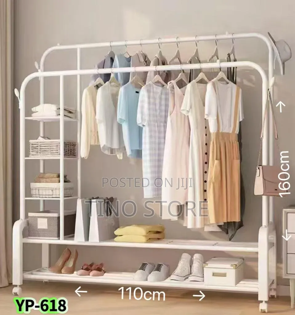 Double Pole Wardrobe Rack With Side Shelves