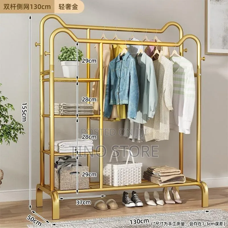 Premium Double Pole Wardrobe Rack With Multi-tier Side Shelves