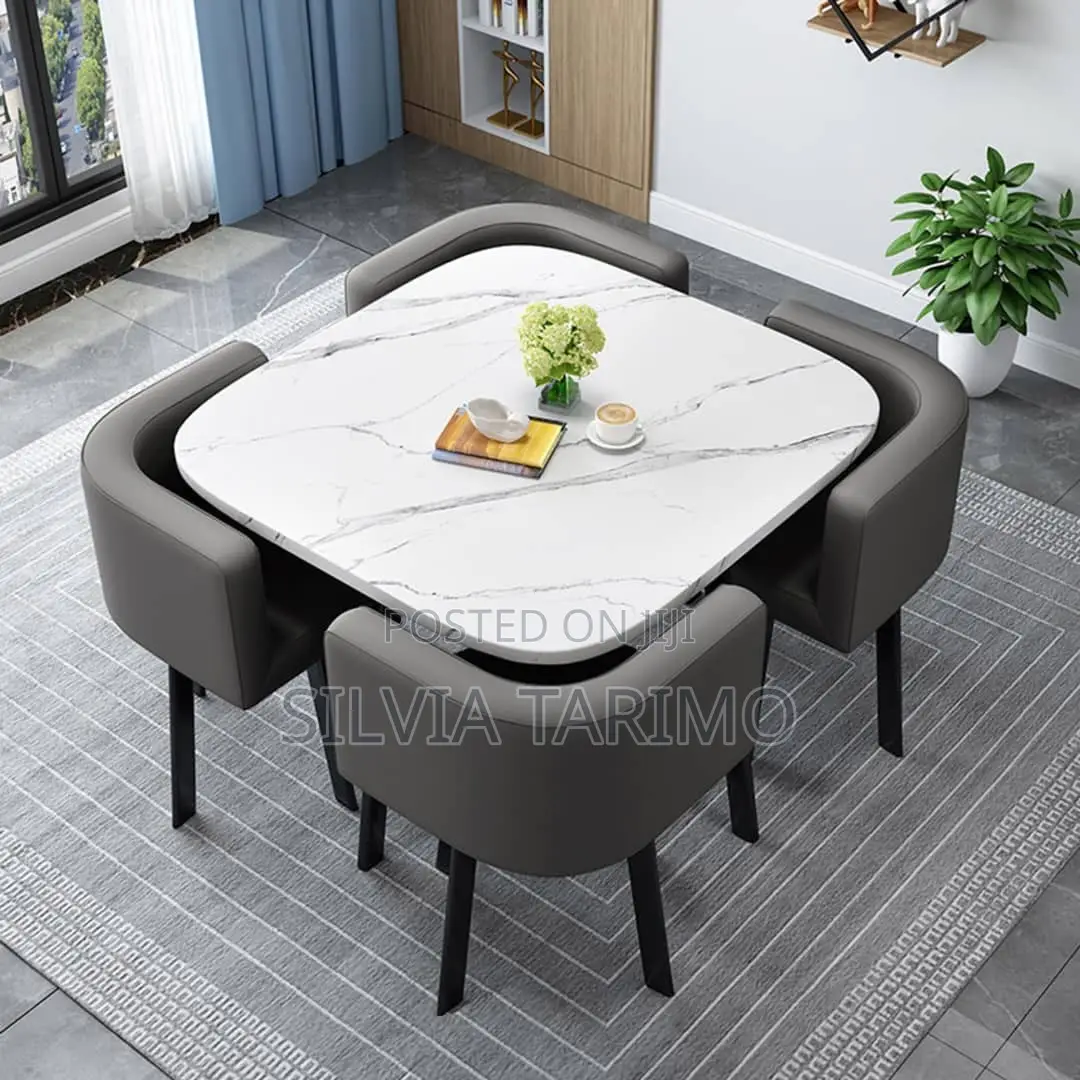 Modern Marble Dining Table Set With 4 Upholstered Chairs