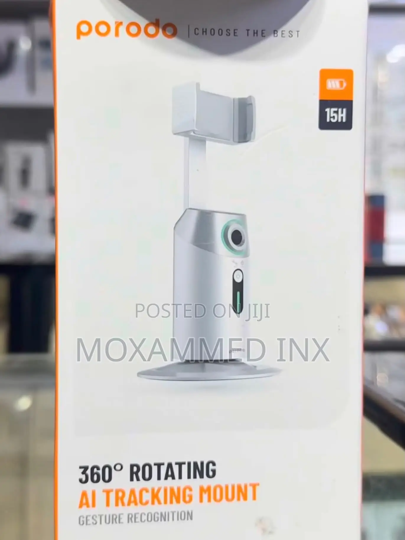 Porodo 360° Rotating Ai Tracking Mount .Featuring a White Finish