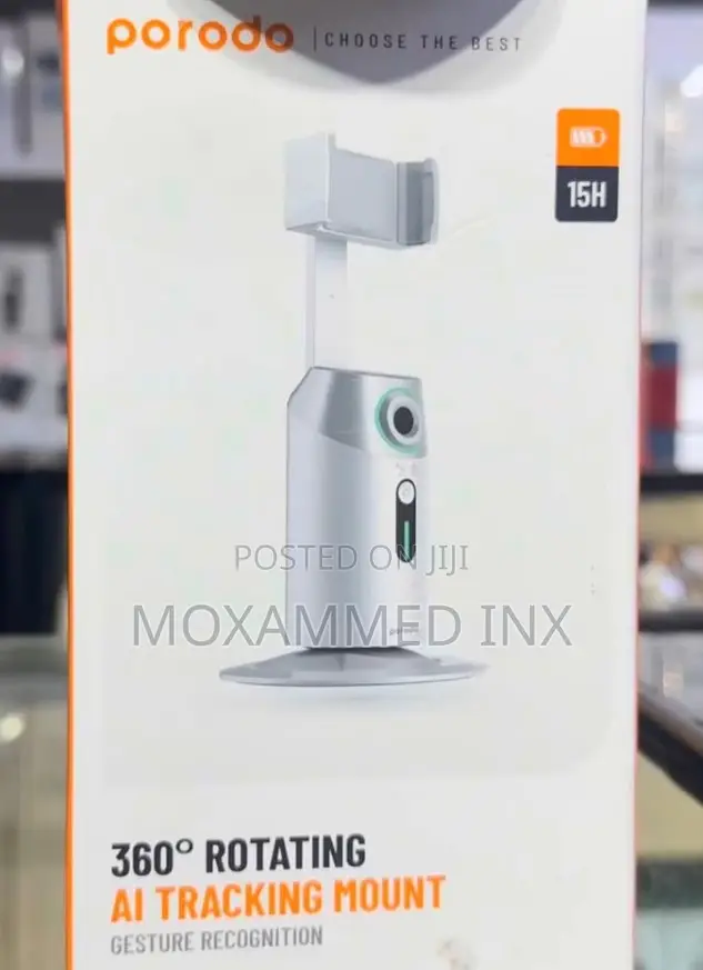 Porodo 360° Rotating Ai Tracking Mount .Featuring a White Finish