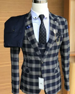 Premium Navy Blue Plaid 3-Piece Slim Fit Suit