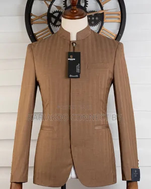 Premium Tan Pinstripe Mandarin Collar Slim Fit Suit