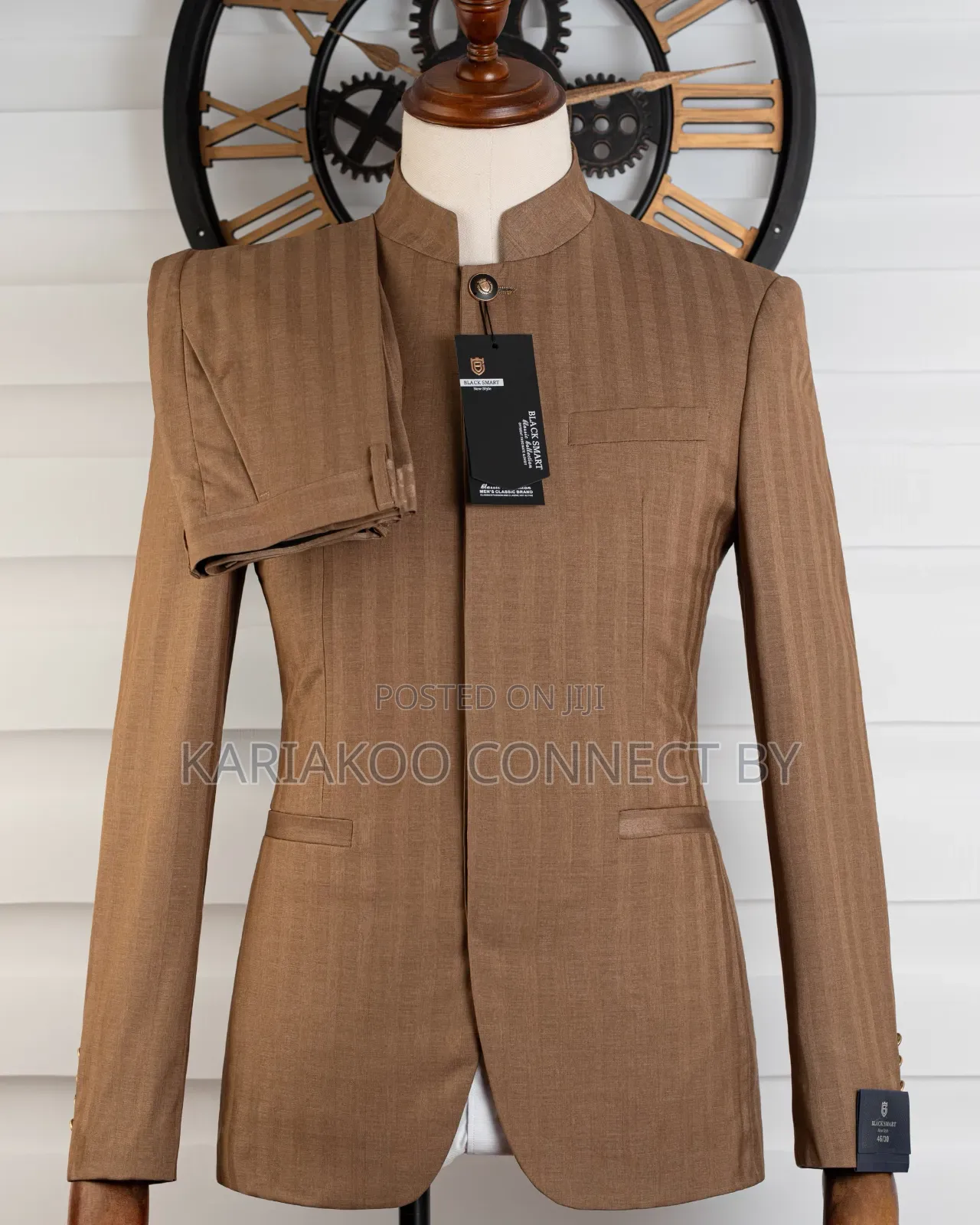 Premium Tan Pinstripe Mandarin Collar Slim Fit Suit