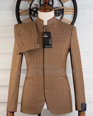 Premium Tan Pinstripe Mandarin Collar Slim Fit Suit