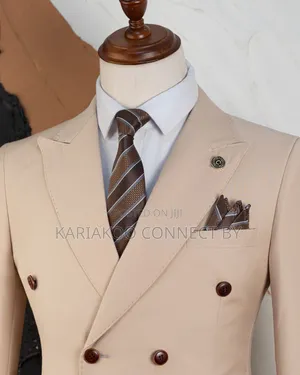 Cream Double-Breasted Blazer Brown Trousers Combo.