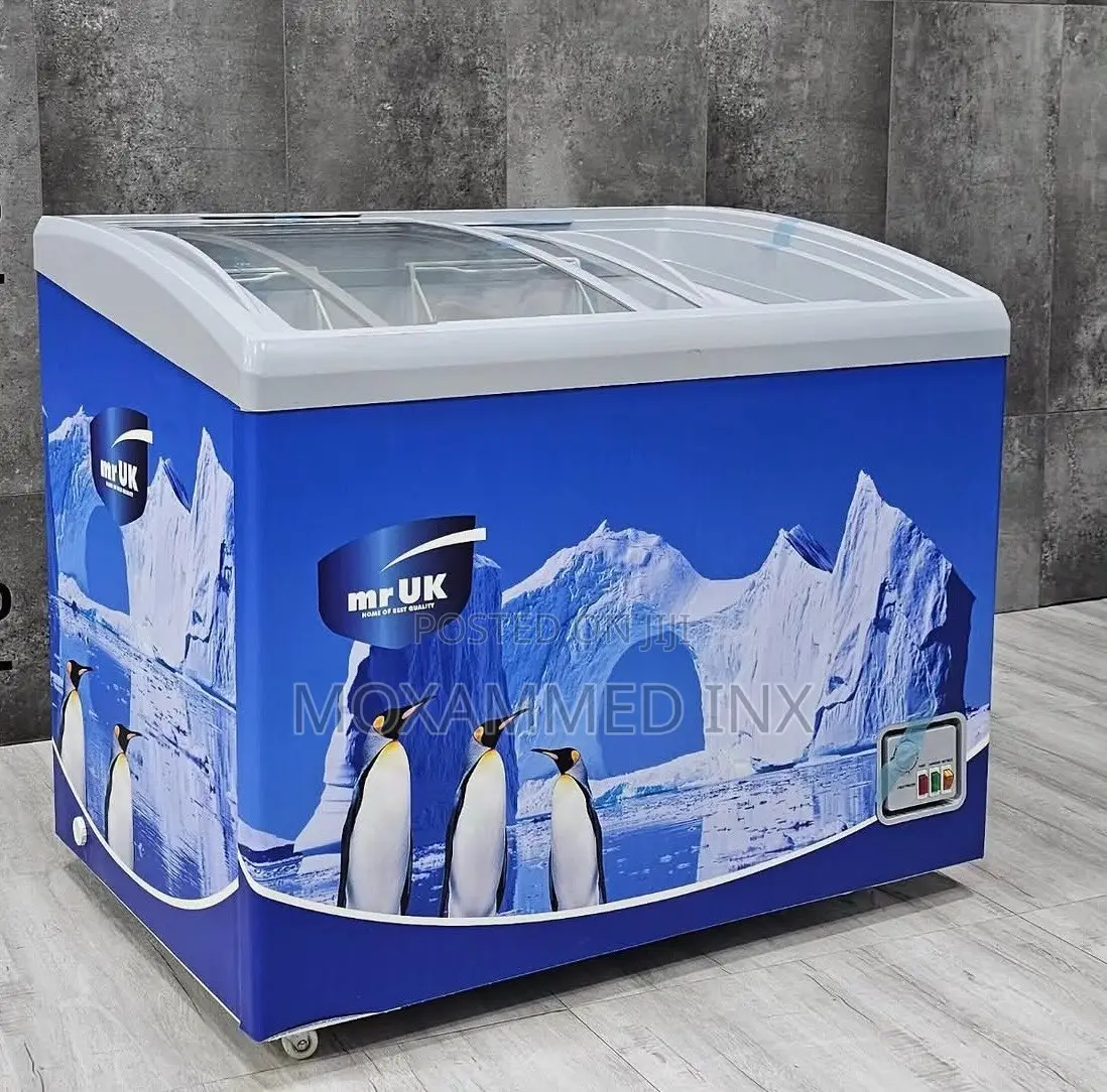 A Mr. Uk Showcase Freezer 258lit Features a Glass Top for Display, A