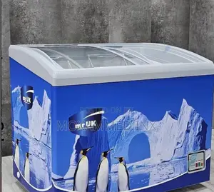 A Mr. Uk Showcase Freezer 258lit Features a Glass Top for Display, A