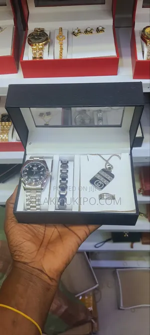 Rolex Silver-Watch,Bracelet, Necklace, Ring, Ear Ring 5 in 1