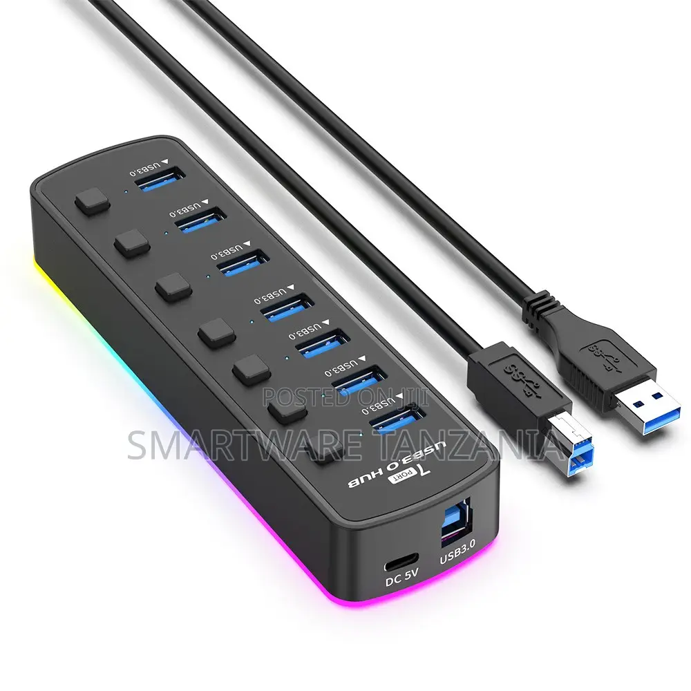 7-Port USB 3.0 Hub With RGB Lighting for Fast Data Transfer