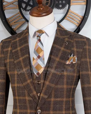 Premium Slim Fit Checked Brown Gold Grid Men's Suit