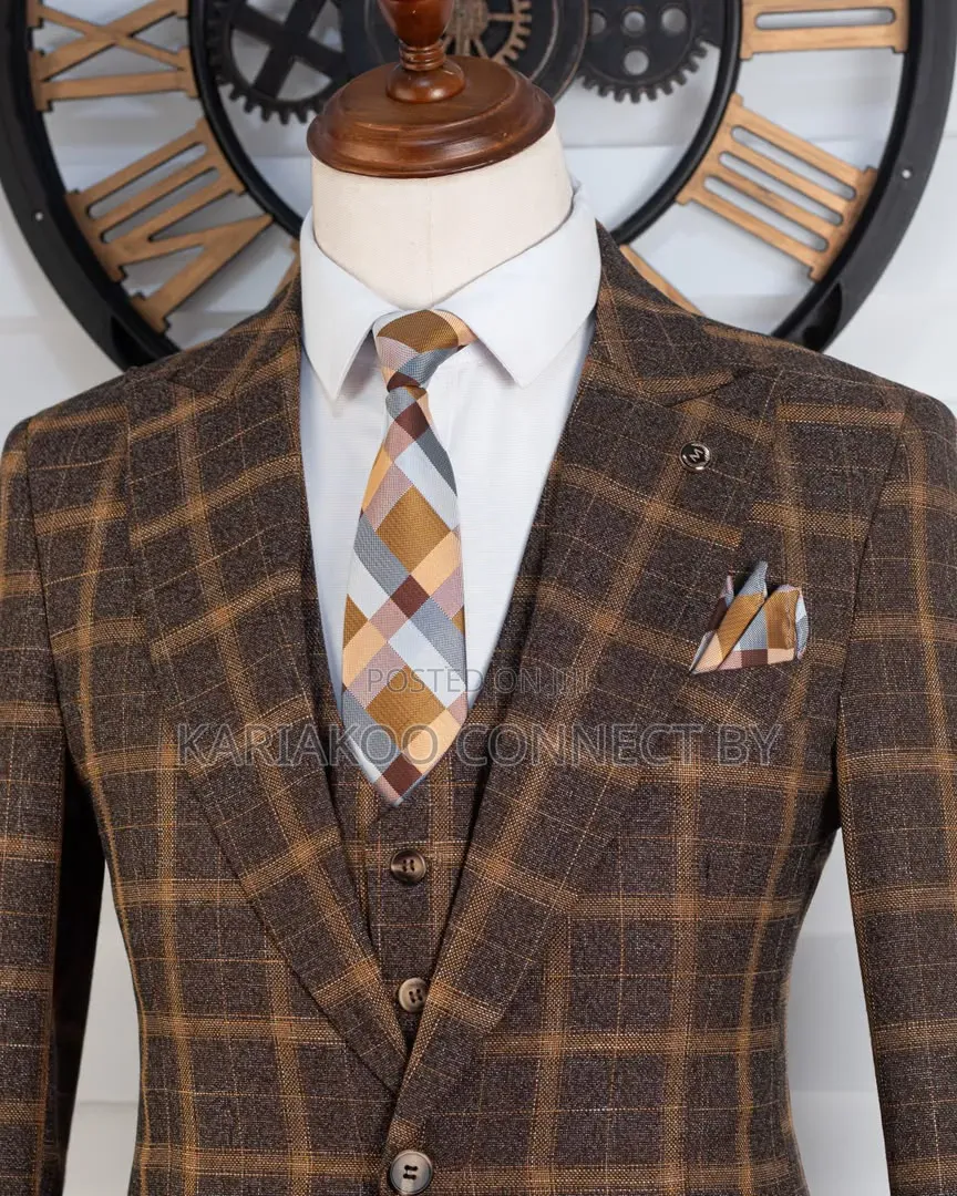 Premium Slim Fit Checked Brown Gold Grid Men's Suit