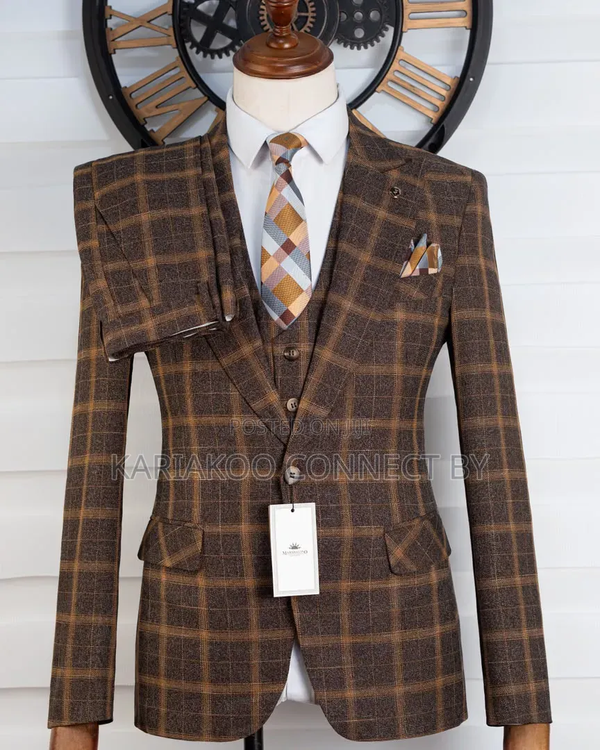 Premium Slim Fit Checked Brown Gold Grid Men's Suit
