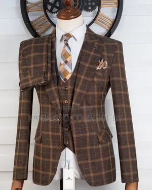 Premium Slim Fit Checked Brown Gold Grid Men's Suit