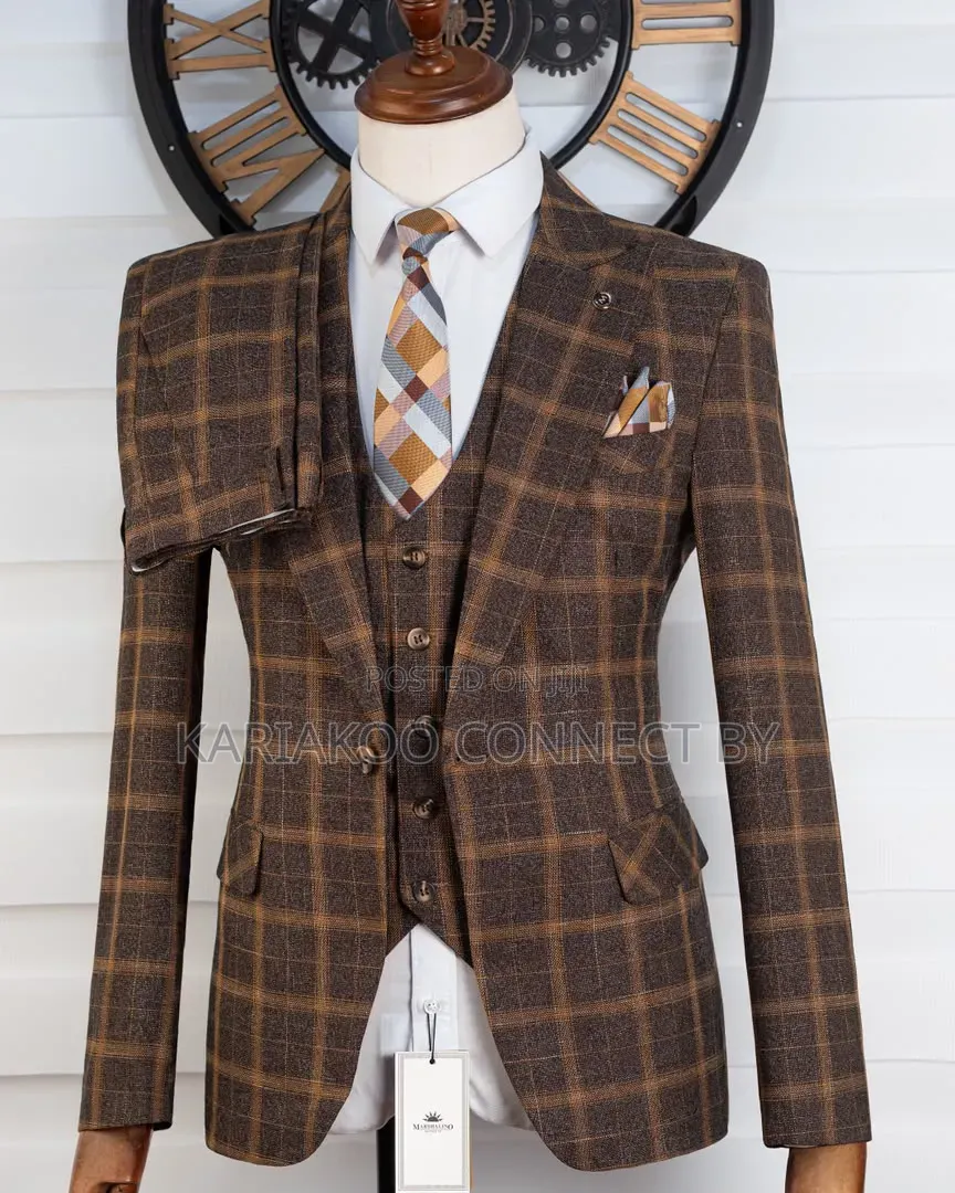 Premium Slim Fit Checked Brown Gold Grid Men's Suit