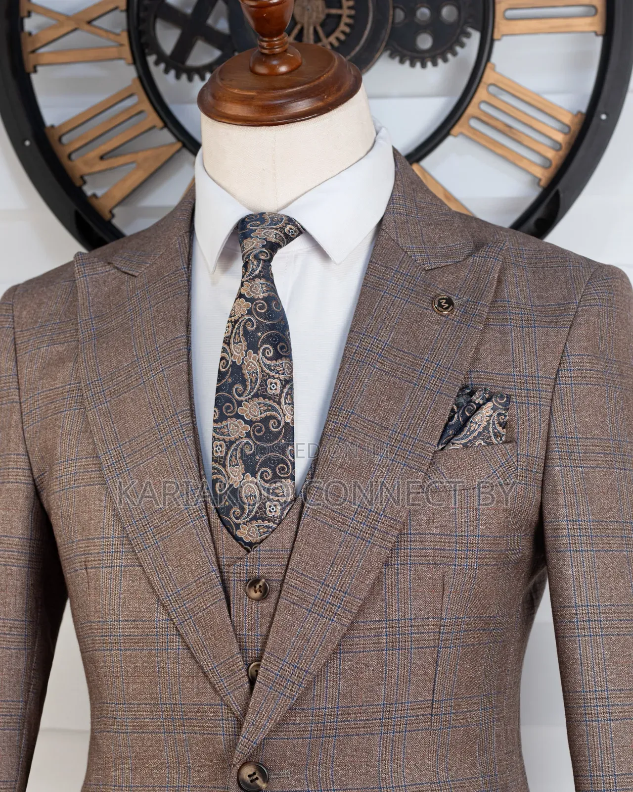 Premium Men's 3-Piece Plaid Suit in Classic Tan