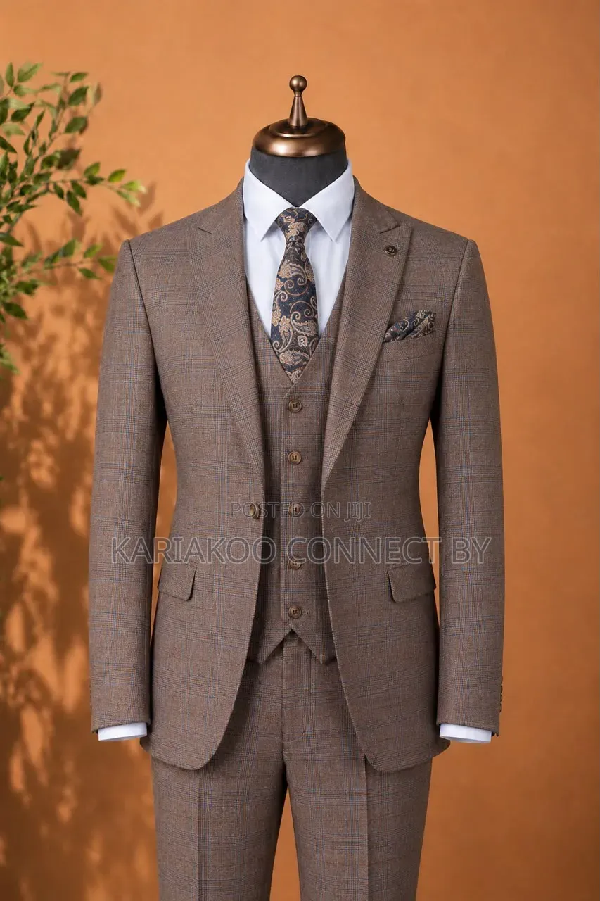 Premium Men's 3-Piece Plaid Suit in Classic Tan