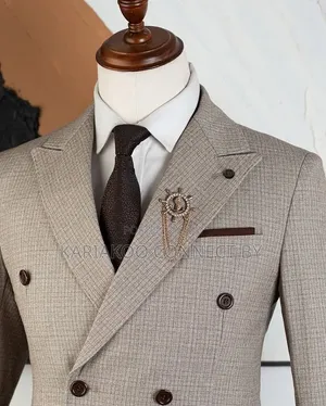 Premium Slim Fit Double-Breasted Men's Suit ( Light Beige Plaid)