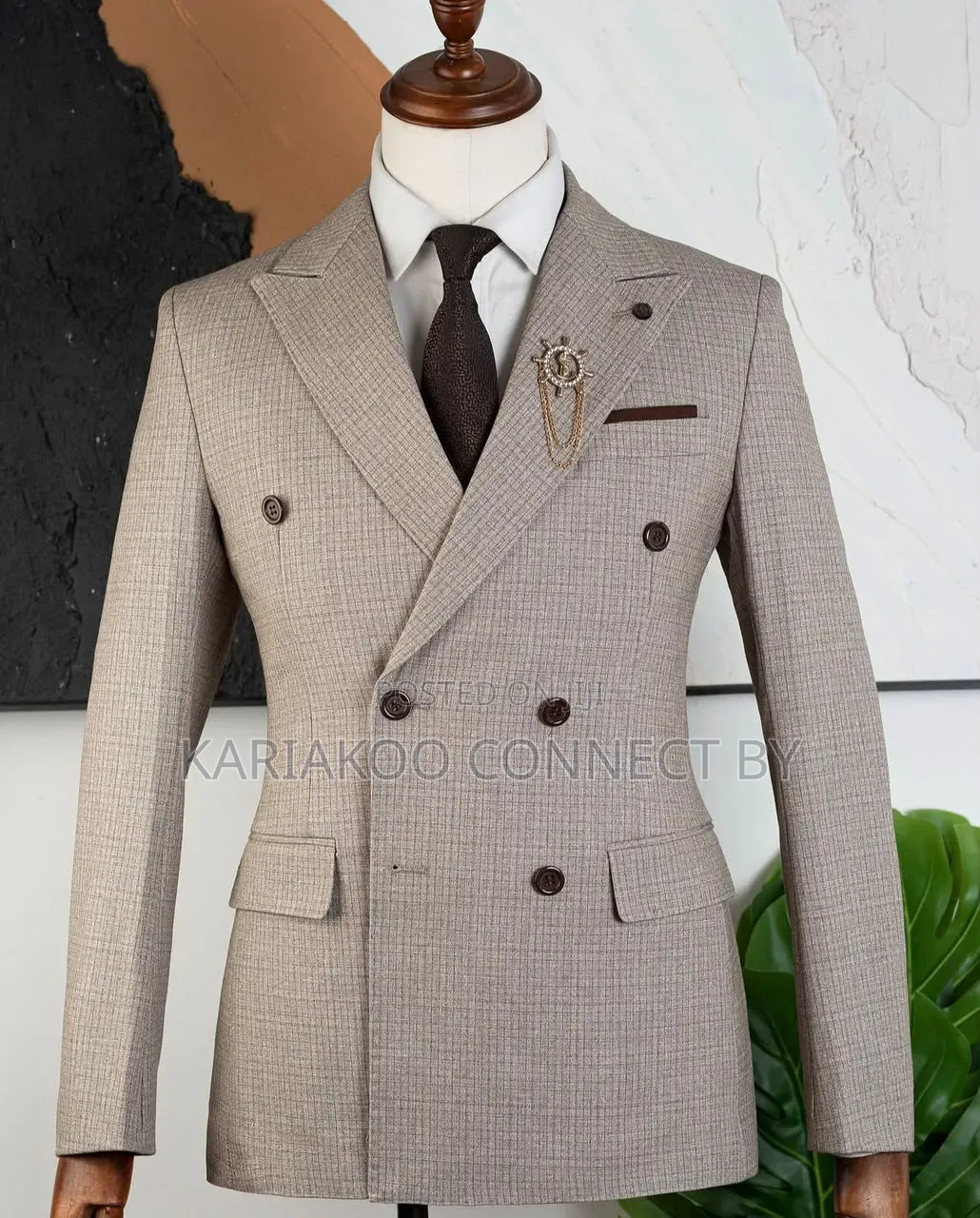 Premium Slim Fit Double-Breasted Men's Suit ( Light Beige Plaid)