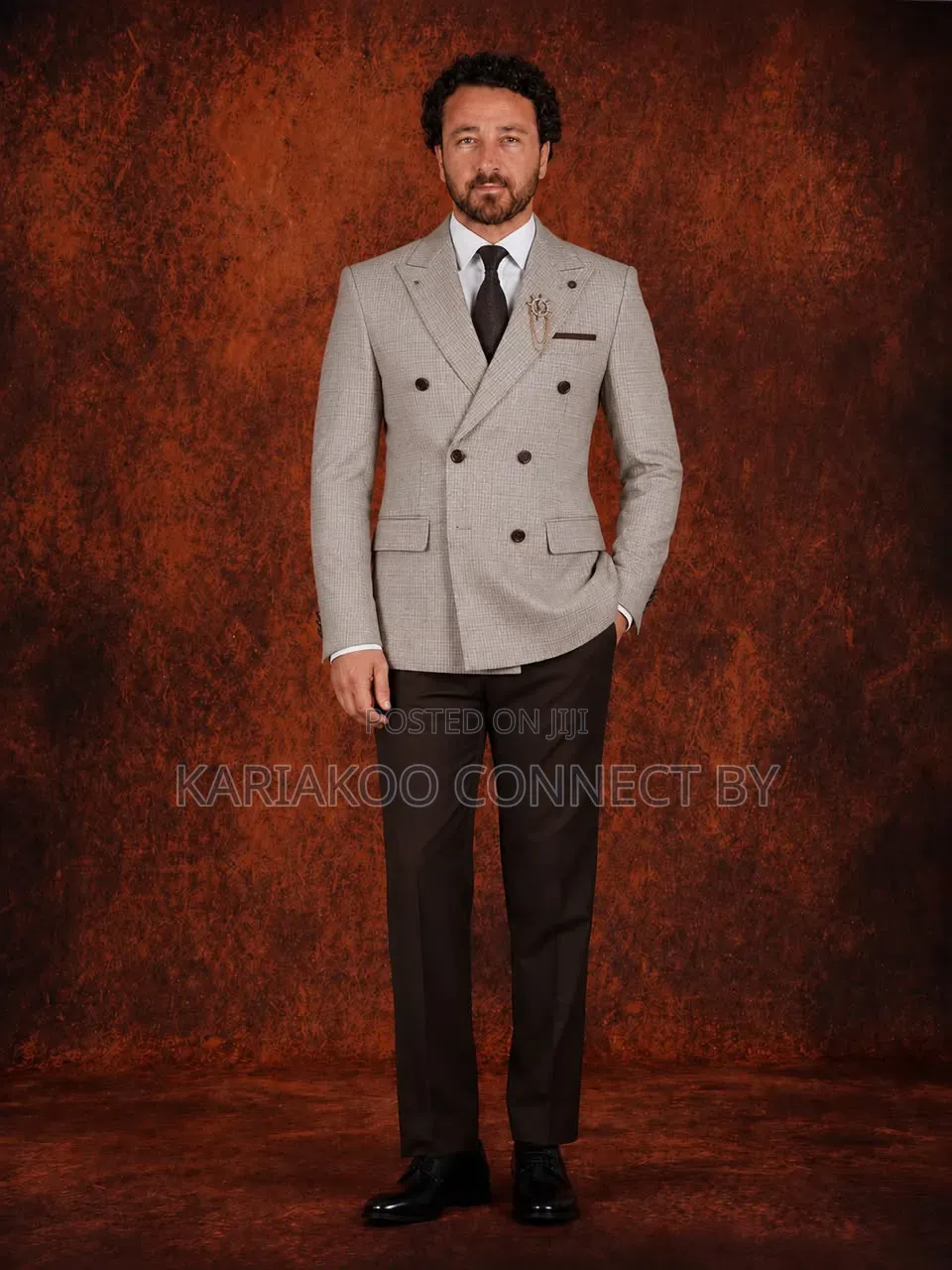 Premium Slim Fit Double-Breasted Men's Suit ( Light Beige Plaid)