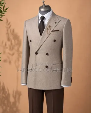 Premium Slim Fit Double-Breasted Men's Suit ( Light Beige Plaid)