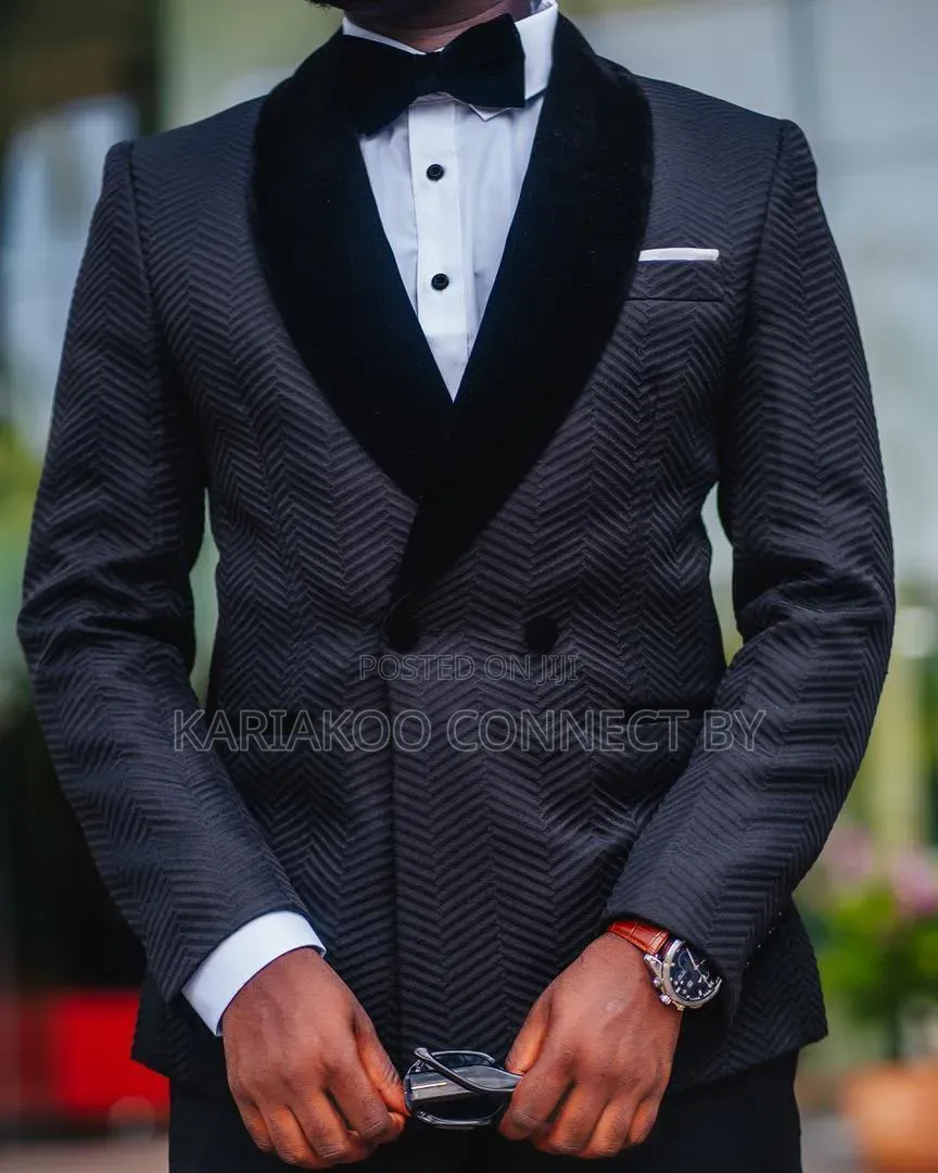 ​Premium Black Herringbone Pattern Tuxedo Suit Set for Dinner Gala