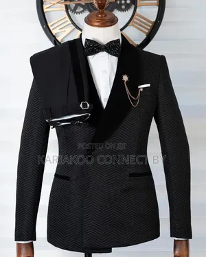 ​Premium Black Herringbone Pattern Tuxedo Suit Set for Dinner Gala