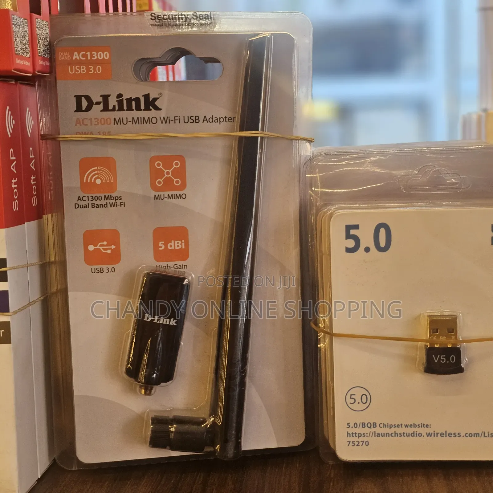 A D-Link AC1300 MU-MIMO Wi-Fi USB Adapter High-Gain Antenna.