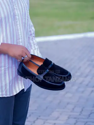 Suede Loafers Appear to Be a Dark Blue Slip-on Style With Leather Trim