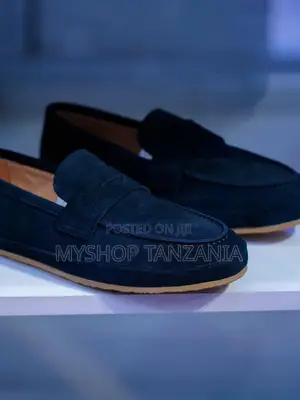 Navy Suede Penny Loafers by Brunello Cucinelli