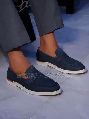 Navy Blue Suede Penny Loafers