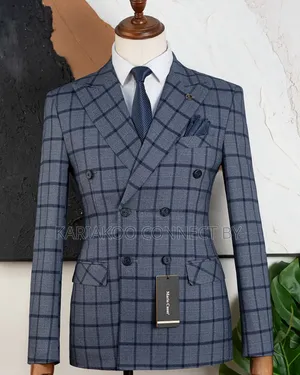 Men’s Luxury Double-Breasted Plaid Suit – Elegant Blue