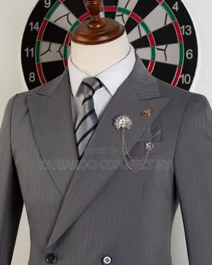 ​Gentleman's Dark Grey Pinstripe Slim-Fit Double-Breasted Suit