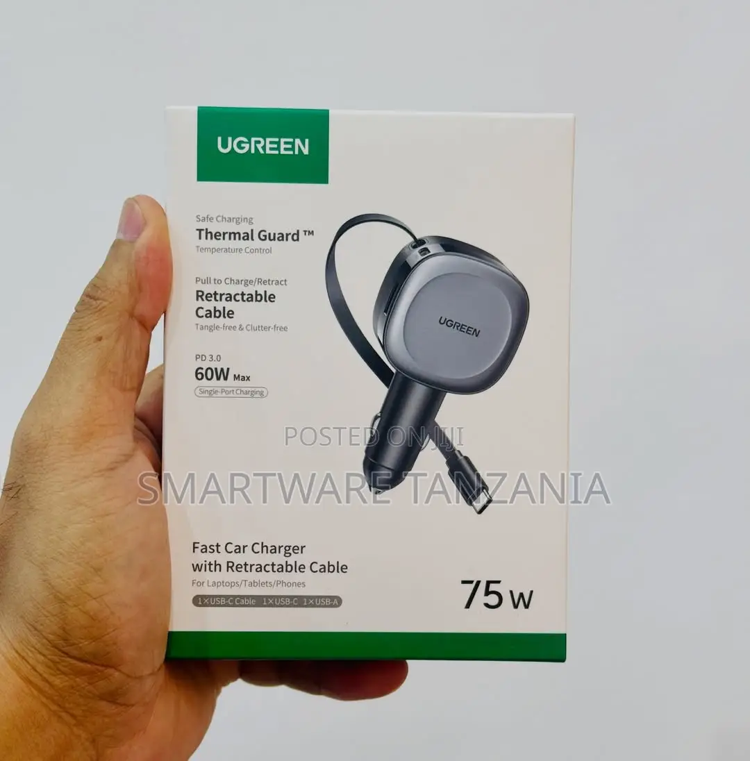 UGREEN Fast Car Charger, Retractable Cable, 60W PD 3.0, USB-C USB-A