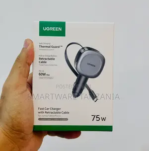 UGREEN Fast Car Charger, Retractable Cable, 60W PD 3.0, USB-C USB-A