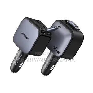 UGREEN Fast Car Charger, Retractable Cable, 60W PD 3.0, USB-C USB-A