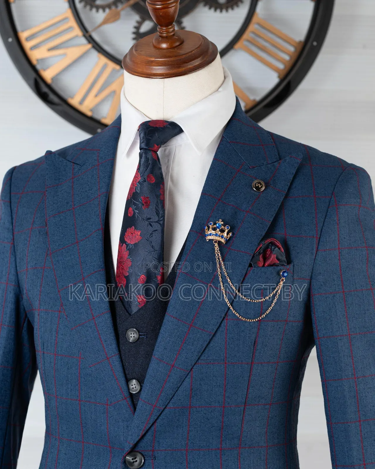 Exclusive Blue Windowpane Check 3-Piece Suit 
