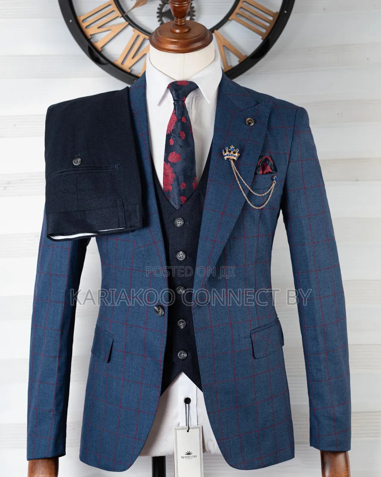 Exclusive Blue Windowpane Check 3-Piece Suit 