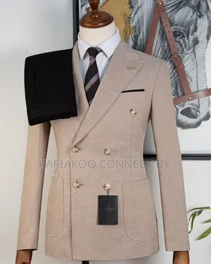 Men's Designer Beige Textured Double-Breasted Slim Fit Suit