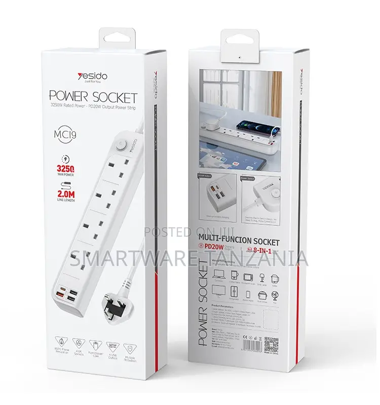 Yesido Multi-Function Power Socket With 8 Outlets, 3250W, 2M Length