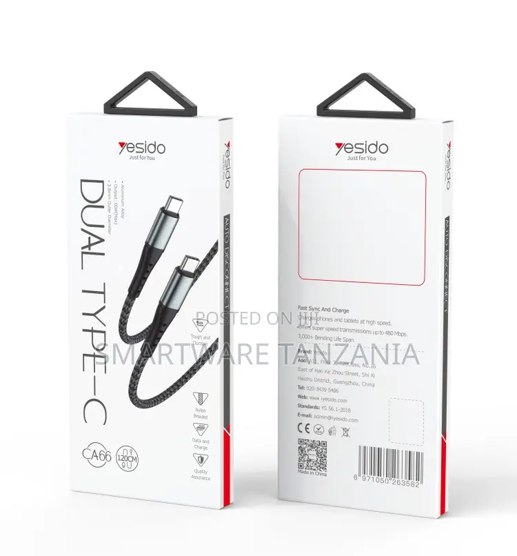 Yesido Dual Type-C Cable, 1.2m, Nylon Braided, 480Mbps Data Transfer