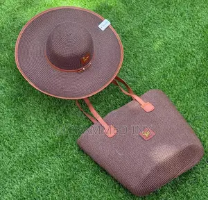 Dark Brown Woven Straw Sun Hat and Tote Bag Summer