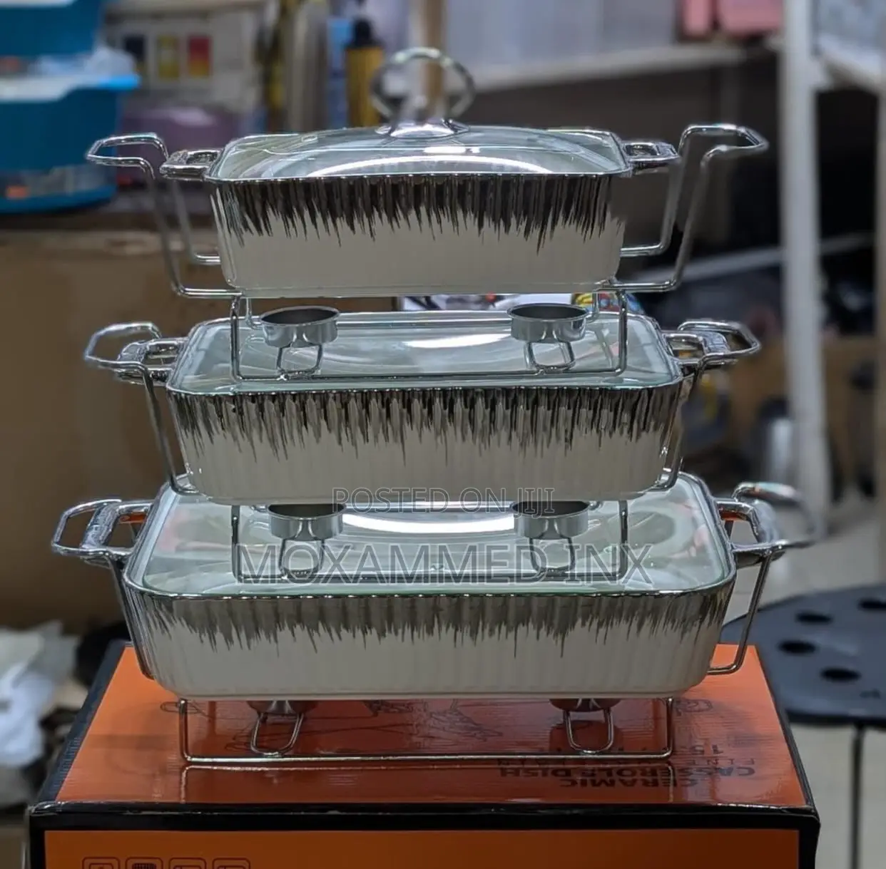 Set of Three Rectangular White and Silver Ceramic Chafing Dish Food