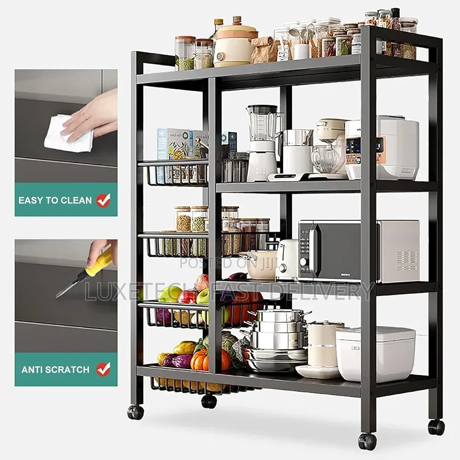 4-Tier Rolling Kitchen Baker's Rack (130×80×30cm) With Wire Baskets