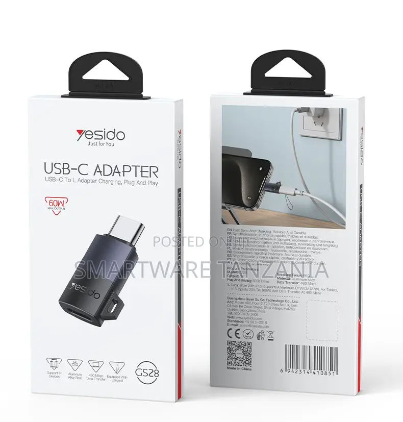 Yesido USB-C to L Adapter, 60W Output, Aluminum Shell, Plug and Play