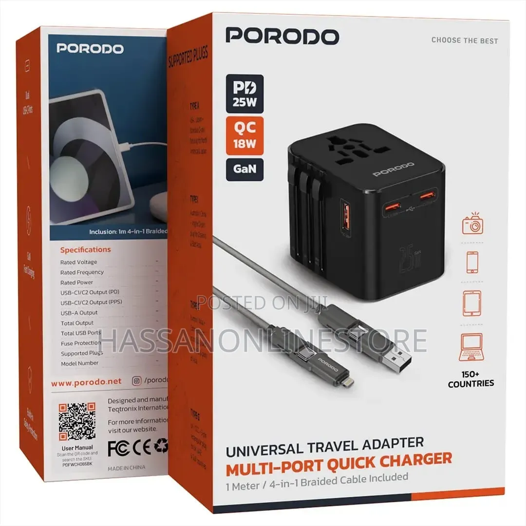 Porodo GaN Universal Travel Multi-Port Quick Charger – Black