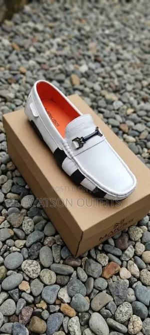 Men's Leather Shoes or Loafers White With Black Bands Makiss Brand