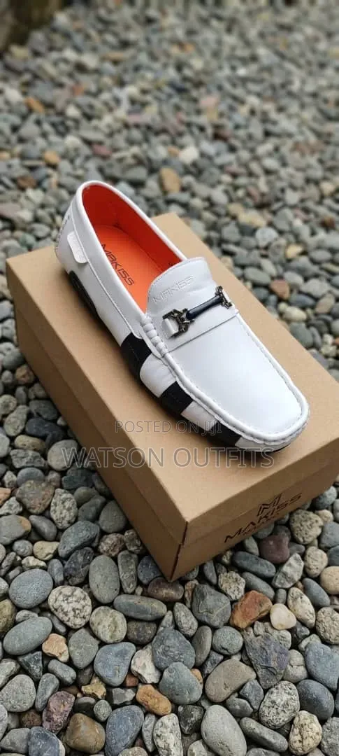 Men's Leather Shoes or Loafers White With Black Bands Makiss Brand