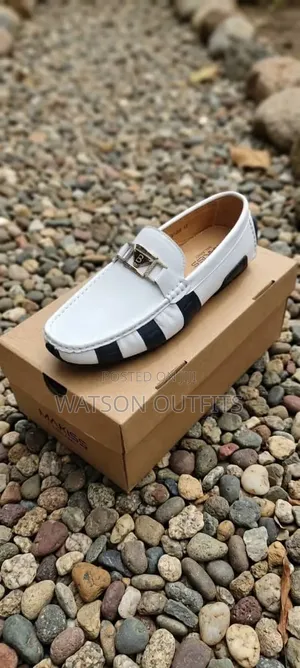 Men's Leather Shoes or Loafers White With Black Bands Makiss Brand